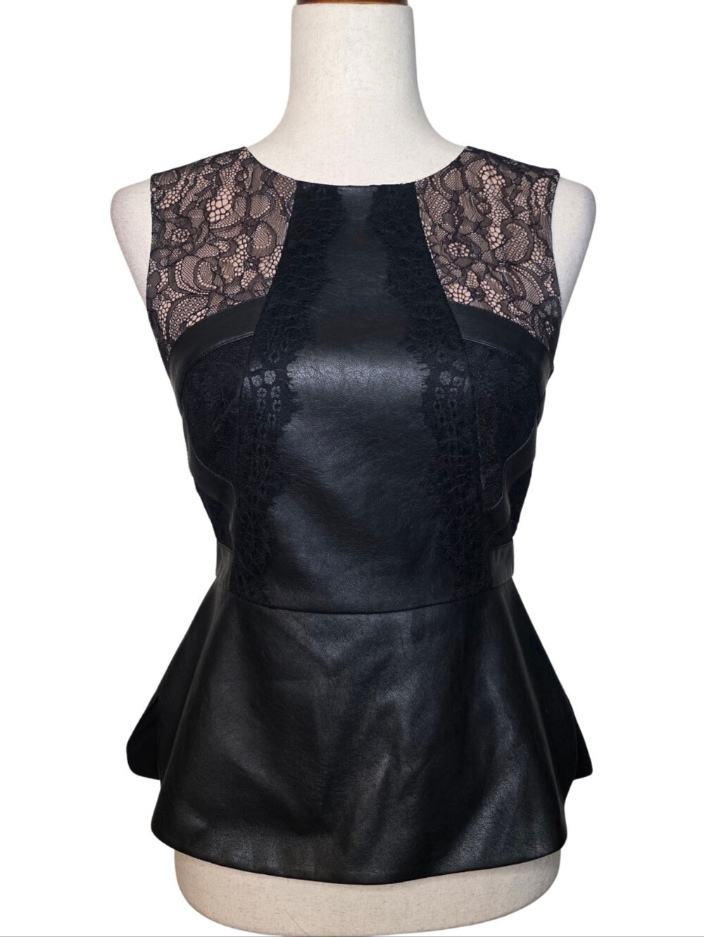 BCBGMAXAZRIA Black Faux Leather Lace Sleeveless Peplum Top